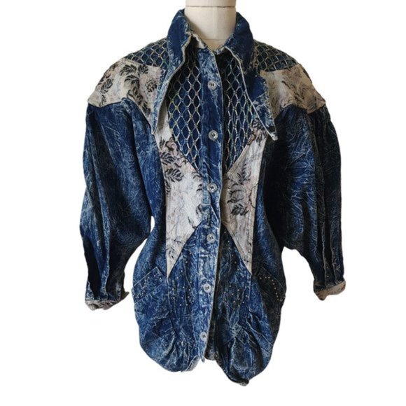 Vintage J Carreli Mixed Media Denim Acid Wash Jacket - Picture 4 of 11
